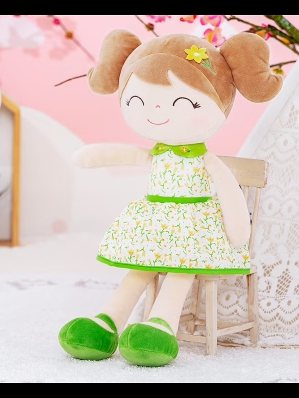 Green Floral Dress Plush Doll – Soft Girl Stuffed Toy